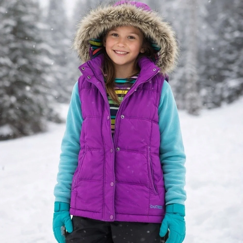Burton Girls Sly Puffy Vest XS Purple Fur‎ Hood Snowboard Winter Ski Jacket